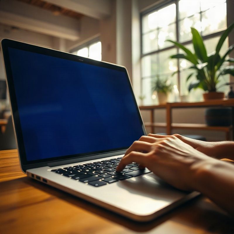 Mãos sobre um teclado de laptop em um coworking em Recife, com tons índigo na tela