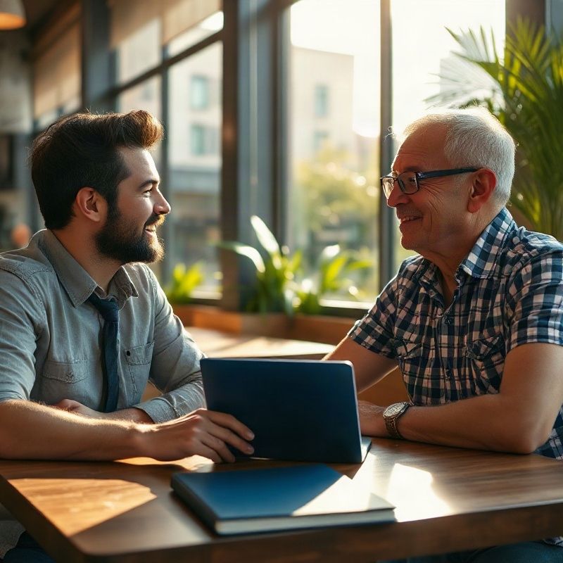 Consultor de tecnologia conversando com um pequeno empresário em uma mesa de café em Recife