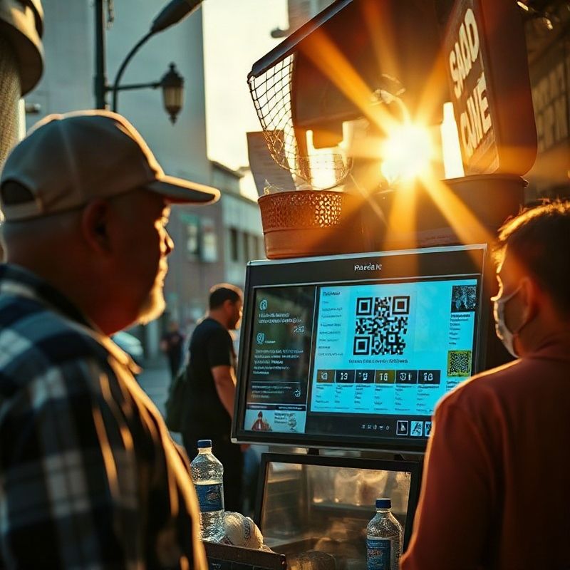 Vendedor de rua em Recife mostrando um cardápio via QR Code em sua barraca